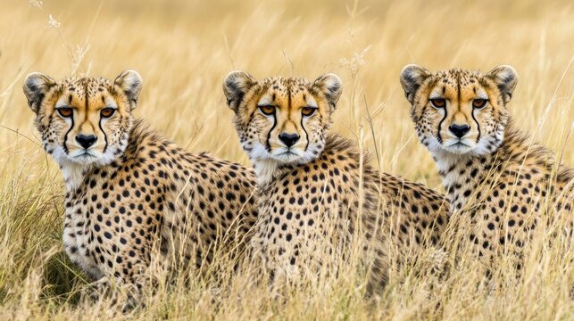 Trio of Wild Cats in Golden Grasslands A Stunning Display of Natures Beauty and Wildlife Phot