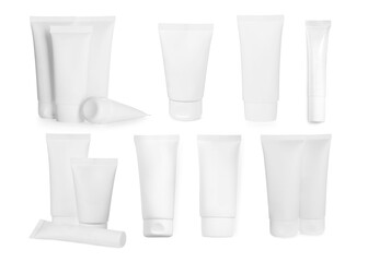 Cosmetic products in tubes isolated on white, collage