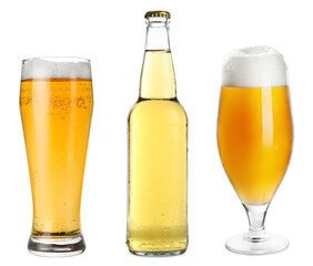 Different types of fresh beer isolated on white, set