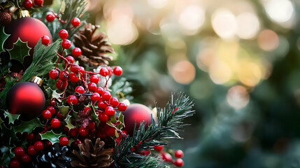 Fototapeta premium Close Up Christmas Decorations With Red Ornaments And Berries
