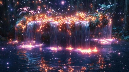 Enchanted Waterfall in a Glowing Forest at Night
