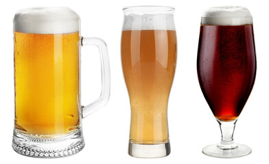 Different types of fresh beer isolated on white, set