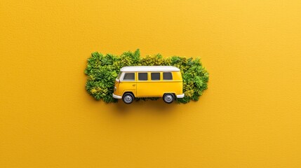 Yellow Camper Van in Green Foliage on Yellow Background