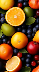 A delicious arrangement of colorful fruits, including blueberries, strawberries, raspberries, blackberries, grapes, green apples and mandarin oranges. Created with Generative AI technology