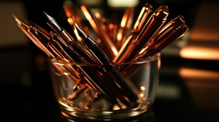 A collection of copper fountain pens in a glass, elegant desk scene.