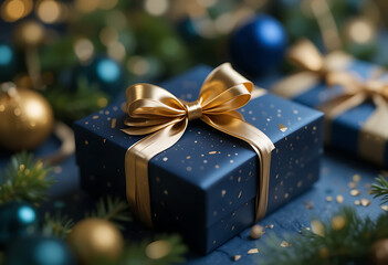 Blue gift box with gold ribbon