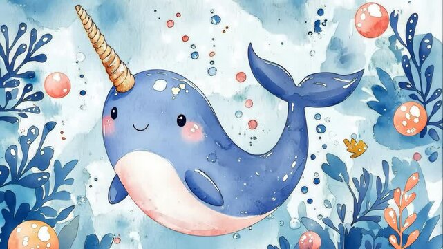 Cute narwhal swimming in oceans colorful underwater world filled with marine life and bubbles, Whimsical watercolor style cartoon illustration