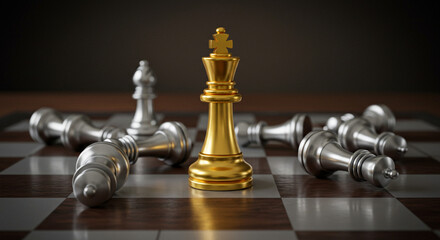 A golden king stands victorious amidst fallen silver pieces, a triumphant symbol of strategic mastery and ultimate chess victory on a rich, dark wood board.