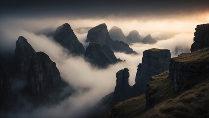 Dark misty mountain landscape with mysterious cliffs