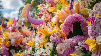 Vibrant floral display, parade float, outdoor festival