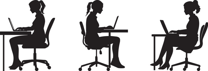 Silhouette of a female office worker sitting on chair, typing on a laptop at a desk vector silhouette