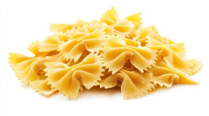 Uncooked bow tie pasta. Pile of yellow farfalle pasta. Italian food ingredient. Raw macaroni. Closeup view. Healthy meal. Isolated on white background. Ready for cooking. Dry pasta. Bowtie shape.