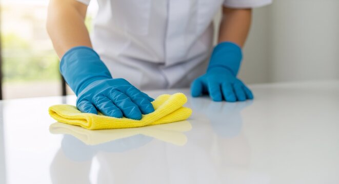 Woman cleaning table with yellow cloth and blue gloves. Spring cleaning concept. Disinfection and hygiene in home or office. Close-up view of hands working.