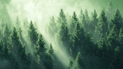 Misty forest view with sunbeams shining through the trees, green aesthetic.