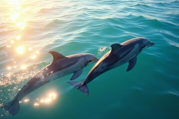 Pair of dolphins swimming near the shore with sunlight shining on them, beautiful, sunlight
