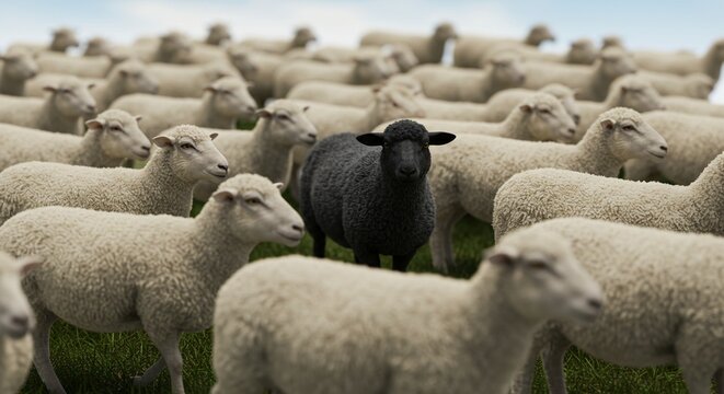 Black Sheep Standing Out Among a Flock of White Sheep in a Crowd