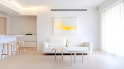 Bright, minimalist living area with a modern aesthetic.  A light-filled space featuring a white sofa, simple wooden furniture, and a muted color palette.  