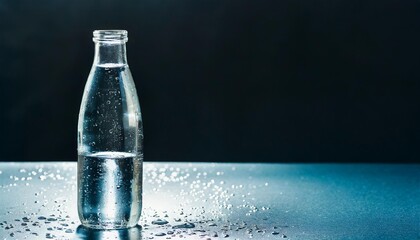 Glass Water Bottle Standing Alone on a Transparent Field with Droplets Shining Clearly