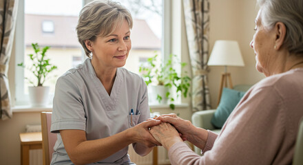 A compassionate caregiver gently holding an elderly woman's hands, offering comfort and connection in a warm, softly lit home setting.