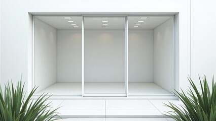 Modern white storefront with glass door and windows, set against a clean facade, with plants in the foreground