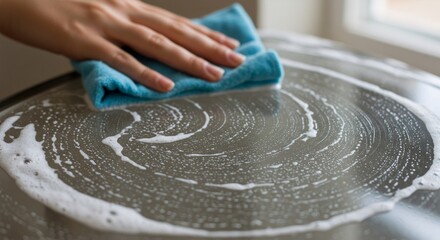 Woman cleaning kitchen sink with blue cloth. Spring cleaning concept. Household chores and home maintenance. Close-up view of hand wiping circular soap patterns on stainless steel surface.