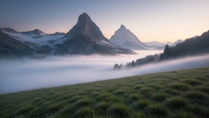 Misty mountain landscape at sunrise with soft light