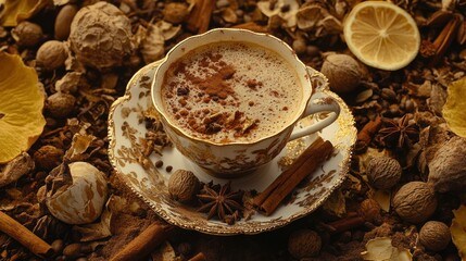 Golden cup filled with coffee sits amidst spices and nuts, cozy, warm.