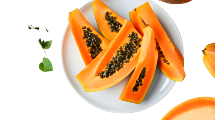 Slices of vibrant tropical fruit arranged on a white plate surrounded by fresh leaves and addi