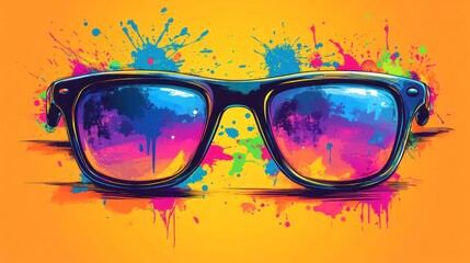 Colorful sunglasses reflecting landscape on vibrant background