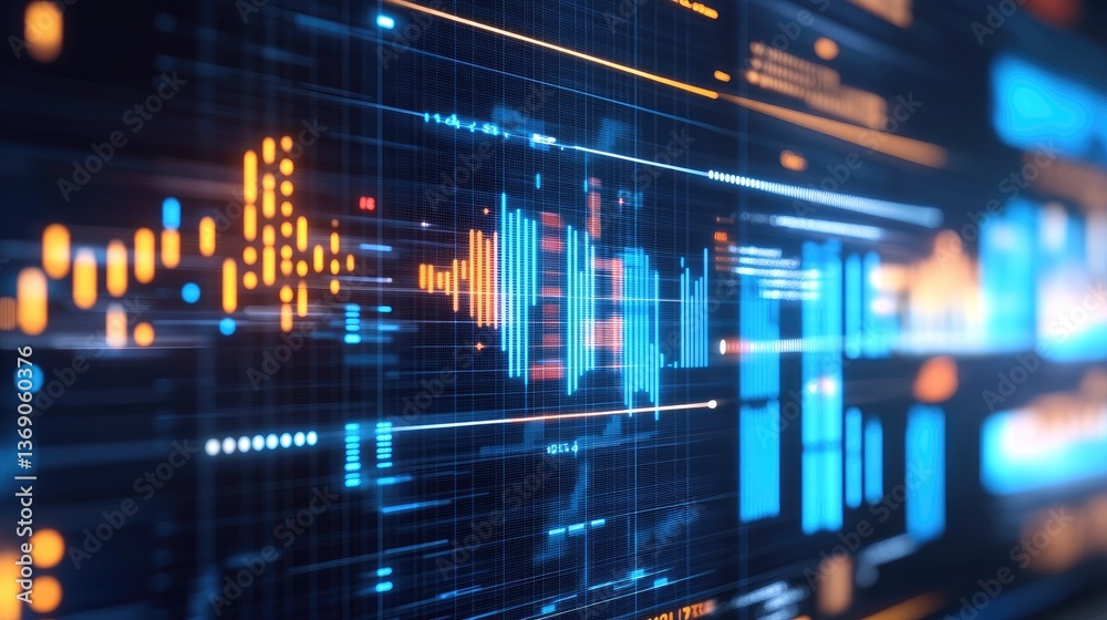 Poster Abstract financial planning concept with a computer screen displaying digital projections and expense forecasts.