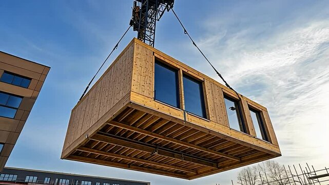 A wooden building module is raised by a crane and placed into the framework. Berlin office building under construction. Modular wood construction will be used to build the new building.