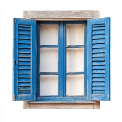 Wooden Open Window Blue Shutters Isolated on White and White background White Background