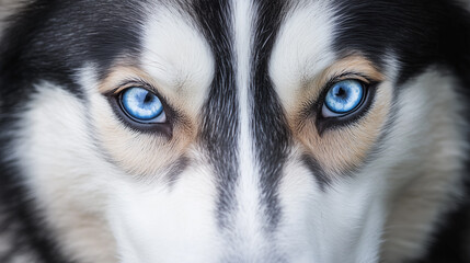 A detailed close-up shot of a Siberian Husky's face, focusing intently on its striking blue eyes.  The image features a shallow depth of field, blurring the background and drawing the viewer's