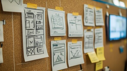 Business model canvas pinned on a corkboard with neatly arranged sticky notes detailing key strategies.