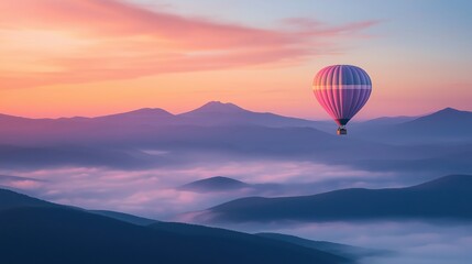 Fototapeta premium sunrise over a mountain range, with a hot air balloon carrying passengers high above a hazy cloud blanket