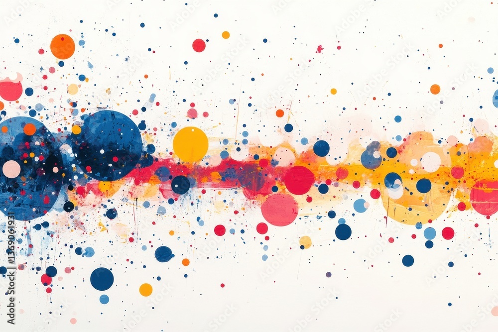 Poster colorful abstract art piece featuring vibrant circles and splashes in bold hues against a white back