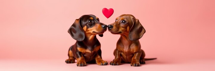 Minimalistic composition of two dachshunds with red hearts, symbolizing love and friendship, pets, sweet