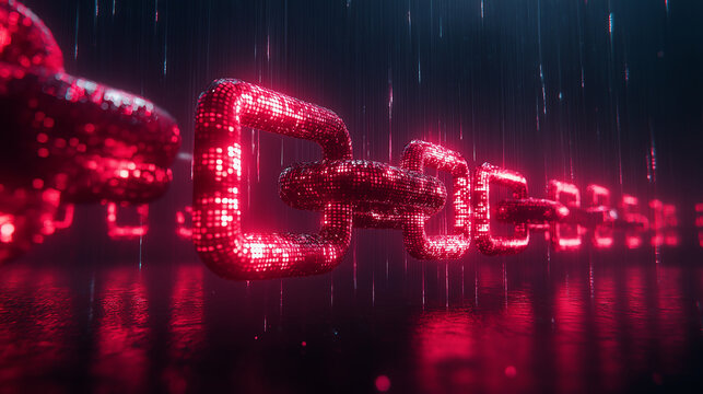 The image presents a stylized 3D rendering of a chain composed of interconnected links. Each link is textured with a pattern resembling binary code or data streams, emitting an intense red glow. The