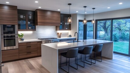 Minimalist L-shaped kitchen with a quartz island, recessed lighting, and dark walnut finishes.