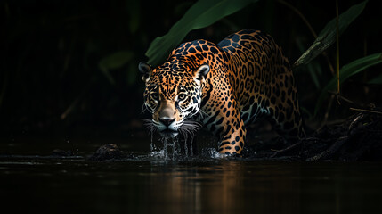 Obraz premium The image is a close-up, low-light photograph of a jaguar drinking from a dark body of water. The jaguar is in sharp focus, its spotted coat highlighted by a subtle light source. The background is
