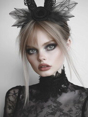 Fototapeta premium Close-up portrait of a young woman with striking grey eyes and dramatic eye makeup featuring dark eyeshadow and defined brows. Her blonde hair is styled in a loose bun, partially obscuring her