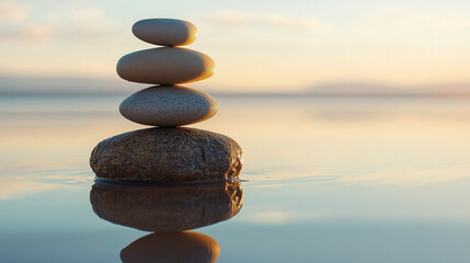Close-up shot of four smooth, light-colored stones precariously balanced on top of each other, resting on a larger, darker stone partially submerged in calm, shallow water. The background is a