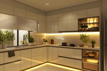 Fototapeta premium Minimalist L-shaped kitchen with soft matte finishes, hidden storage, and soft natural lighting.