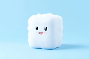 Cute cloud-shaped cube, happy expression. Fluffy white cube with cartoon eyes and mouth