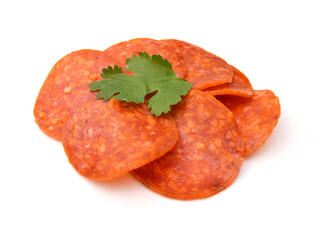 Slices of pepperoni on white background
