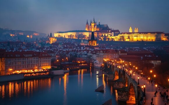 Fototapeta Stunning night view of prague  illuminated castle, river, historic architecture, and romantic lights