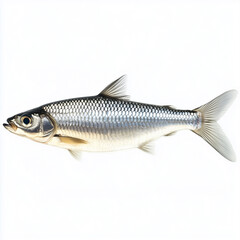 Fototapeta premium A detailed close-up profile view of a freshwater fish is presented against a pure white background. The fish exhibits a streamlined body form, characterized by silver-gray scales exhibiting a subtle