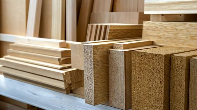 Wood planks and lumber stacked on shelf