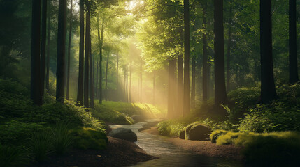 The image presents a high-dynamic-range photograph of a forest scene.  The composition features a meandering stream or small river that acts as a leading line, receding into a sunlit clearing within