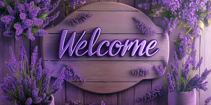 The image showcases a digitally rendered round wooden sign with the word "Welcome" written in a stylized, three-dimensional, purple script. The sign is centrally positioned against a backdrop of a